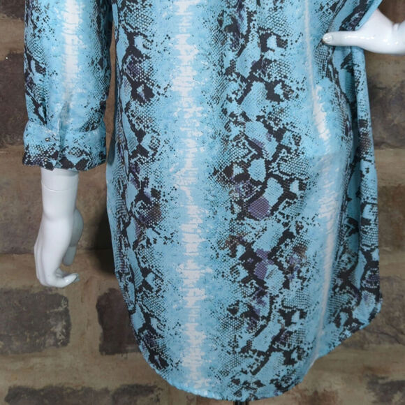 Jennifer & Grace Tunic Top Women Large Blue Brown Snake Print 3/4 Button Nature - Picture 8 of 13